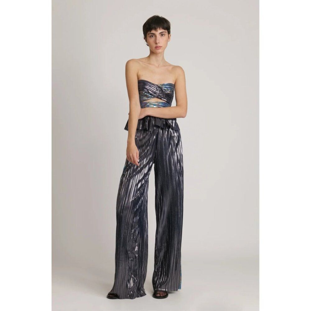 Sabina Musáyev Adam Pants Dark Silver Metallic Pleated Size Large Glam Party
